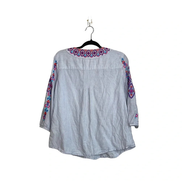 Chico’s Blue & White Striped Embroidered Tassel Popover Top 2 Large Women’s - Picture 5 of 10